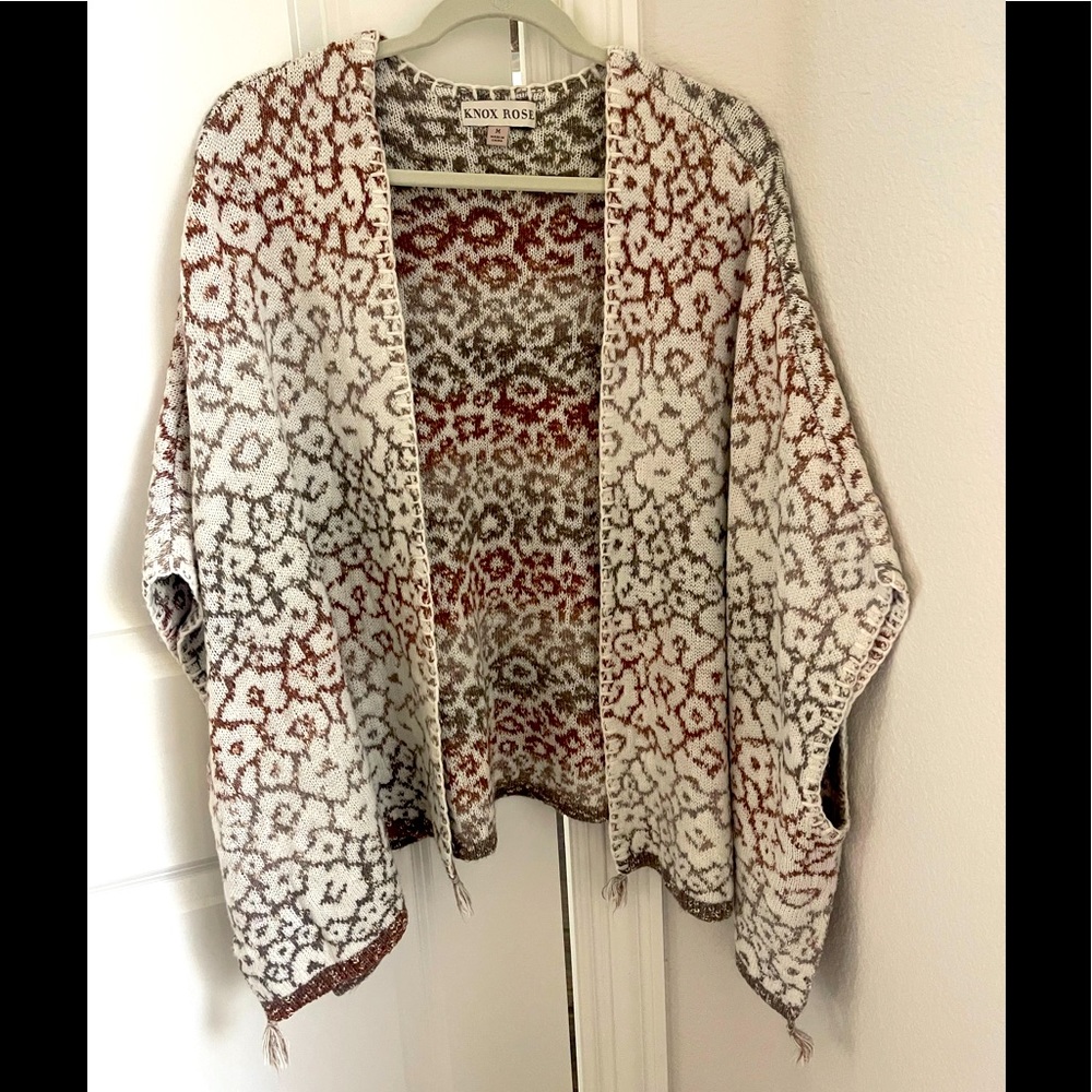KNOX ROSE Floral Jacquard Leopard Open Cardigan Poncho Sweater